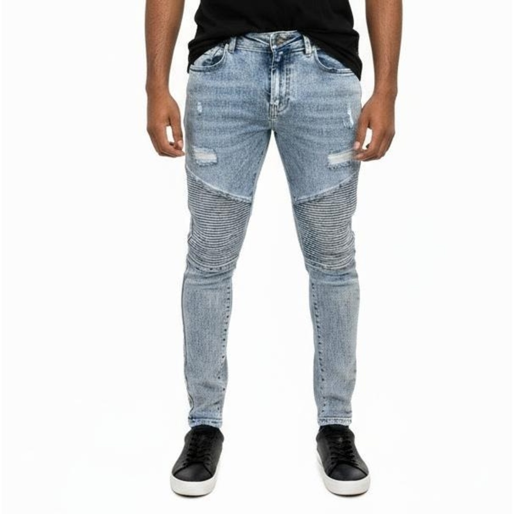 Bleecker And Mercer Jeans Mens Classic Blue Skinny Moto Distressed Edgy Urban